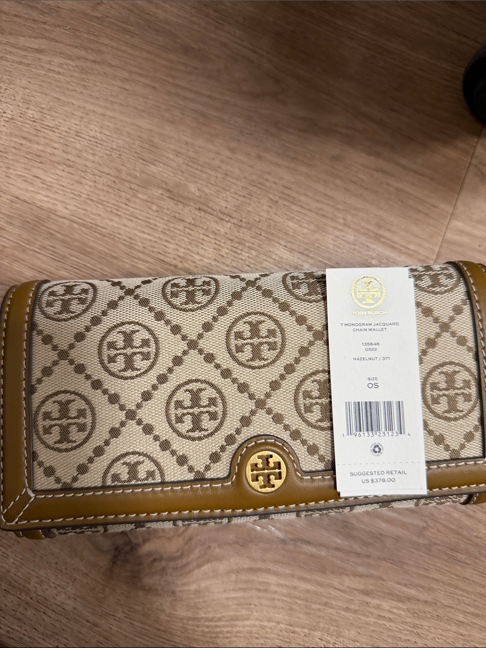 Tory Burch Hazelnut & Cream Monogram Jacquard Chain Wallet